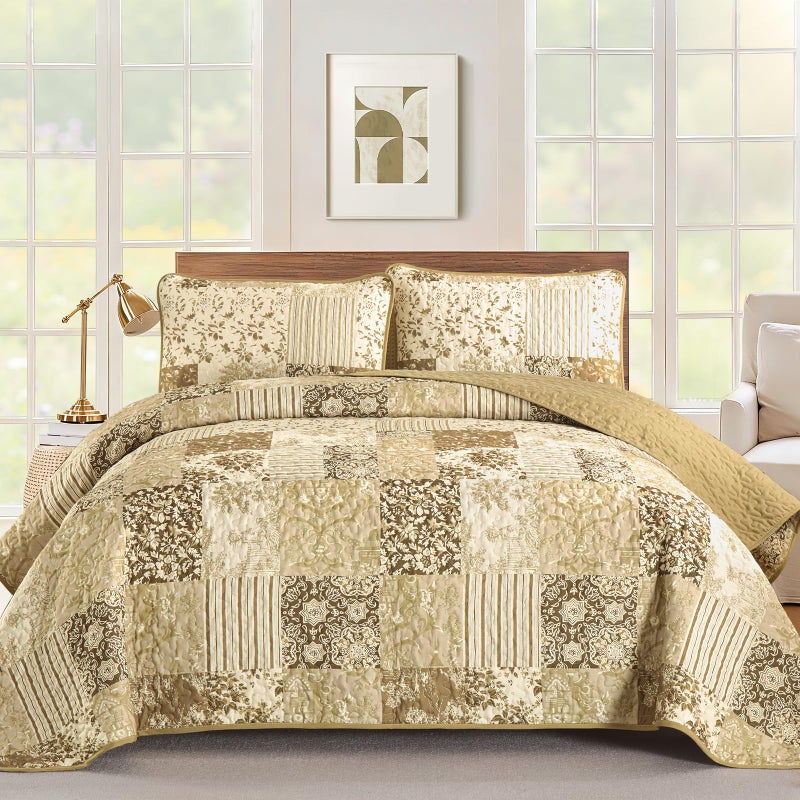 Drucon Quilts Queen Size, Yellow Brown Patchwork Pattern Summer Bedspread Bedding Set, 3 Pieces Soft Lightweight Plaid Coverlet with 2 Pillow Shams for All Season 96x90 Inch - Image 1