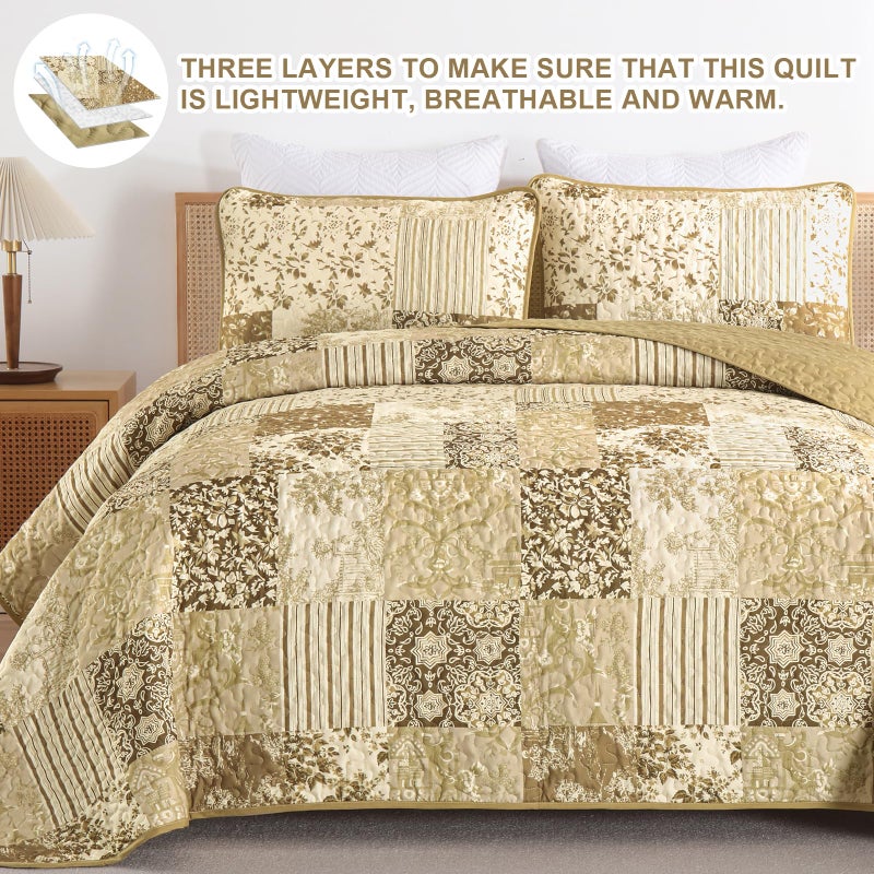 Drucon Quilts Queen Size, Yellow Brown Patchwork Pattern Summer Bedspread Bedding Set, 3 Pieces Soft Lightweight Plaid Coverlet with 2 Pillow Shams for All Season 96x90 Inch - Image 5