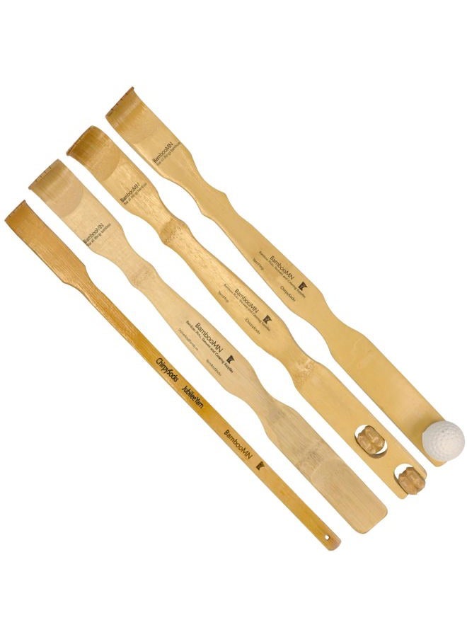 BambooMN مجموعة مكونة من 4 قطع: أداة خدش الظهر التقليدية، ملعقة الأحذية، ومجموعة مساج للاسترخاء للجسم لتخفيف الحكة، 100% من الخيزران - Image 1