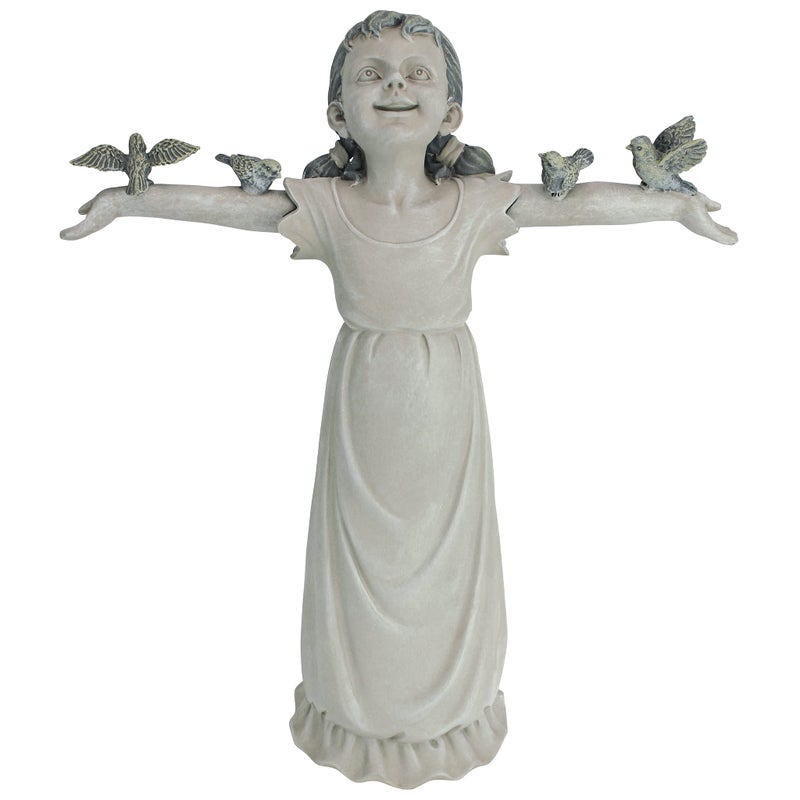 Design Toscano Basking in Glory Little Girl with Birds Outdoor Garden Statue, Medium, 16 inches tall, Cast Stone Resin, Two Tone Stone Finish - Image 1