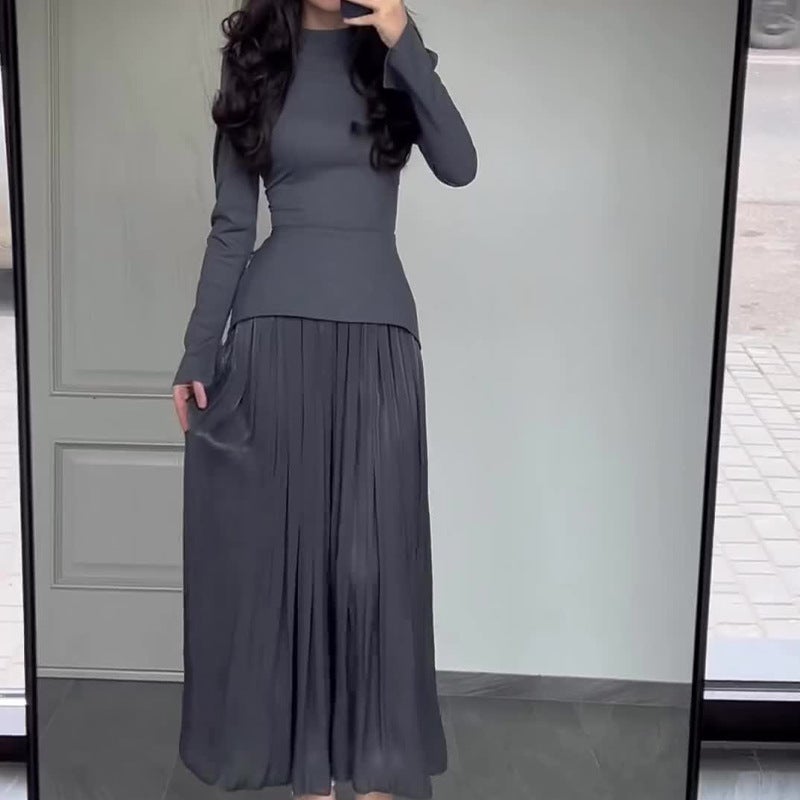 2024 Autumn European and American Cross-Border Foreign Trade New Style Mercerized Tie Waist Slimming Top and Skirt Set Grey - Image 1