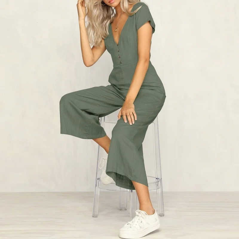 Barbora Linen Daily Summer V-Neck Short Leg Design Women's Jumpsuit LN1010KOYUHAKI1
