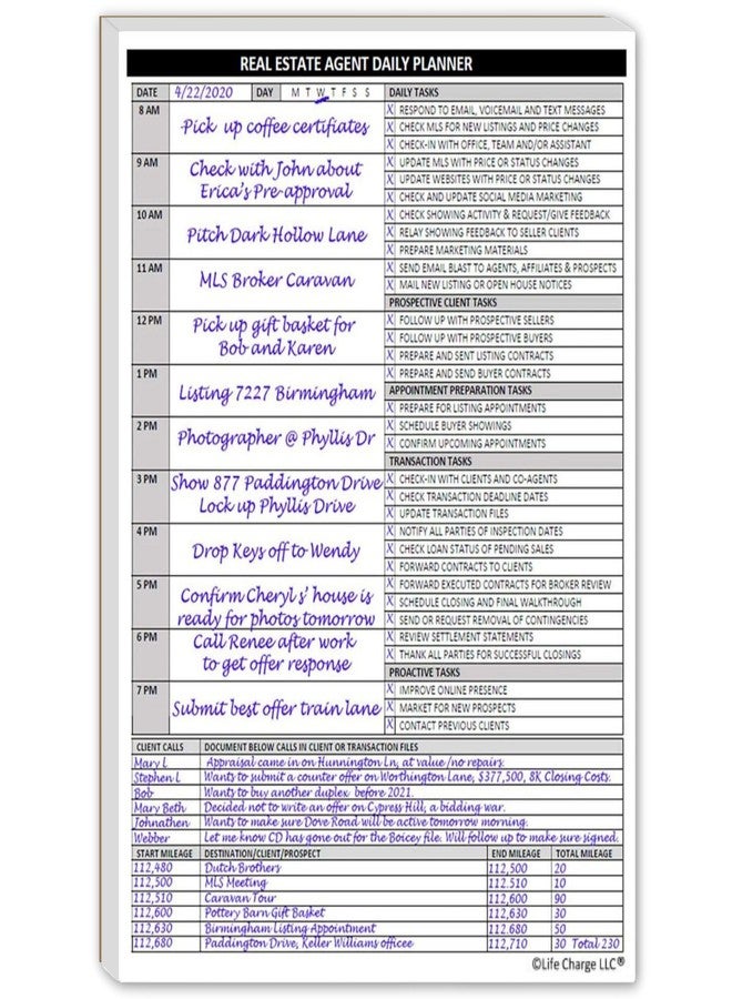 Life Charge Agent Daily Planner Notepad - Real Estate Daily Task, Call & Mileage Log (8.5 × 11) - Image 1