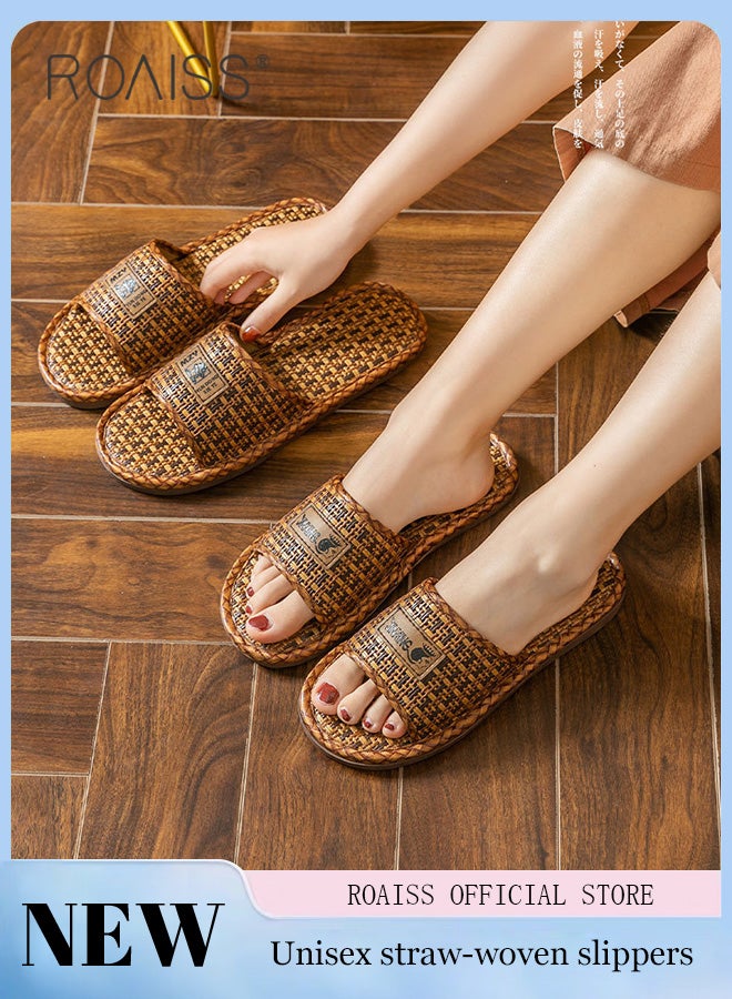 رويس صنادل داخلية للرجال والنساء مصنوعة من الخيزران والقش، مصنوعة من الكتان، غير قابلة للانزلاق ومقاومة للرائحة، مريحة، بنعل ناعم، قابلة للتهوية، مفتوحة من الأمام، لون بني - Image 1