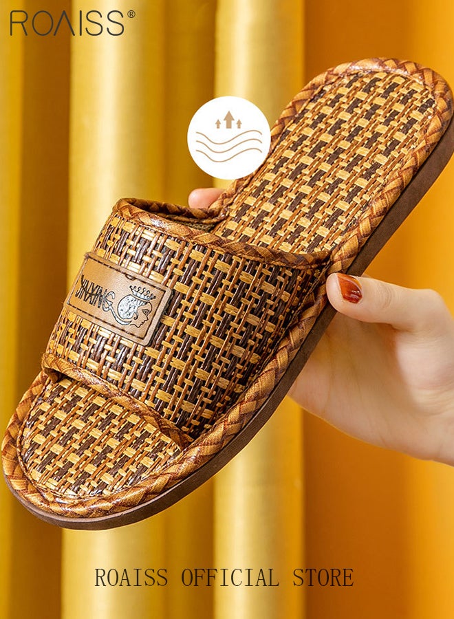 رويس صنادل داخلية للرجال والنساء مصنوعة من الخيزران والقش، مصنوعة من الكتان، غير قابلة للانزلاق ومقاومة للرائحة، مريحة، بنعل ناعم، قابلة للتهوية، مفتوحة من الأمام، لون بني - Image 3