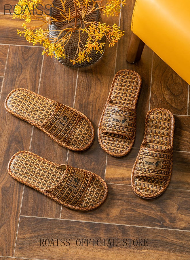 رويس صنادل داخلية للرجال والنساء مصنوعة من الخيزران والقش، مصنوعة من الكتان، غير قابلة للانزلاق ومقاومة للرائحة، مريحة، بنعل ناعم، قابلة للتهوية، مفتوحة من الأمام، لون بني - Image 2