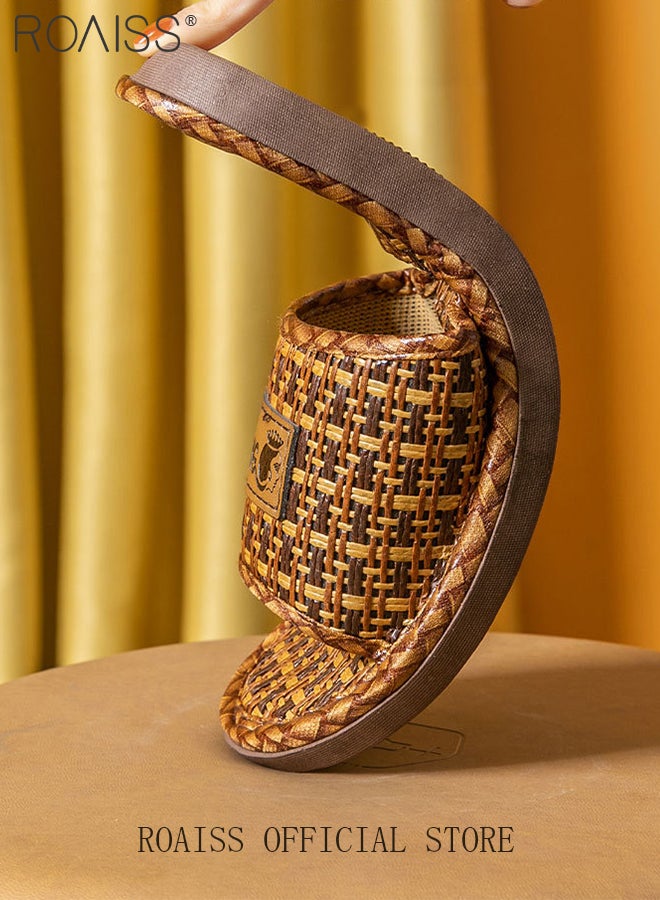 رويس صنادل داخلية للرجال والنساء مصنوعة من الخيزران والقش، مصنوعة من الكتان، غير قابلة للانزلاق ومقاومة للرائحة، مريحة، بنعل ناعم، قابلة للتهوية، مفتوحة من الأمام، لون بني - Image 4