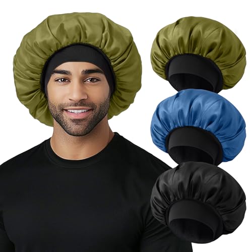 Selalu 3Pcs Satin Bonnets for Women Men, Hair Bonnet for Sleeping With Soft Elastic Band, Silk Sleep Bonnet for Curly Hair Braids(Color 03) - Image 1