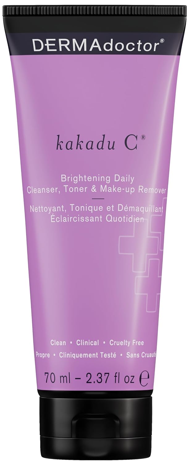 DERMAdoctor Kakadu C Dermatologist Formulated Vitamin C Brightening Daily 3 in 1 Exfoliating Face Wash Toner Make up Remover Hydrating Facial Cleanser for Uneven Dull Skin Travel Size  237 oz