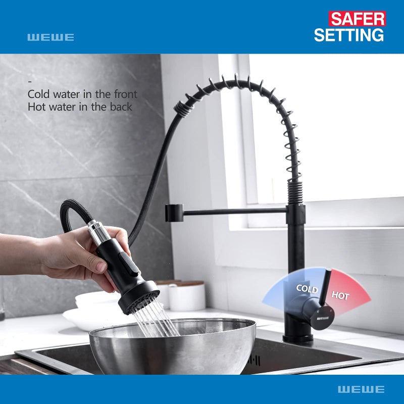 WEWE Faucet for Kitchen Sink, Kitchen Faucets Black Stainless Steel Commercial Spring Kitchen Faucet with Pull Down Sprayer, One Hole or 3 Hole Kitchen Faucet for RV Outdoor Farmhouse Camper Bar Sinks - Image 4
