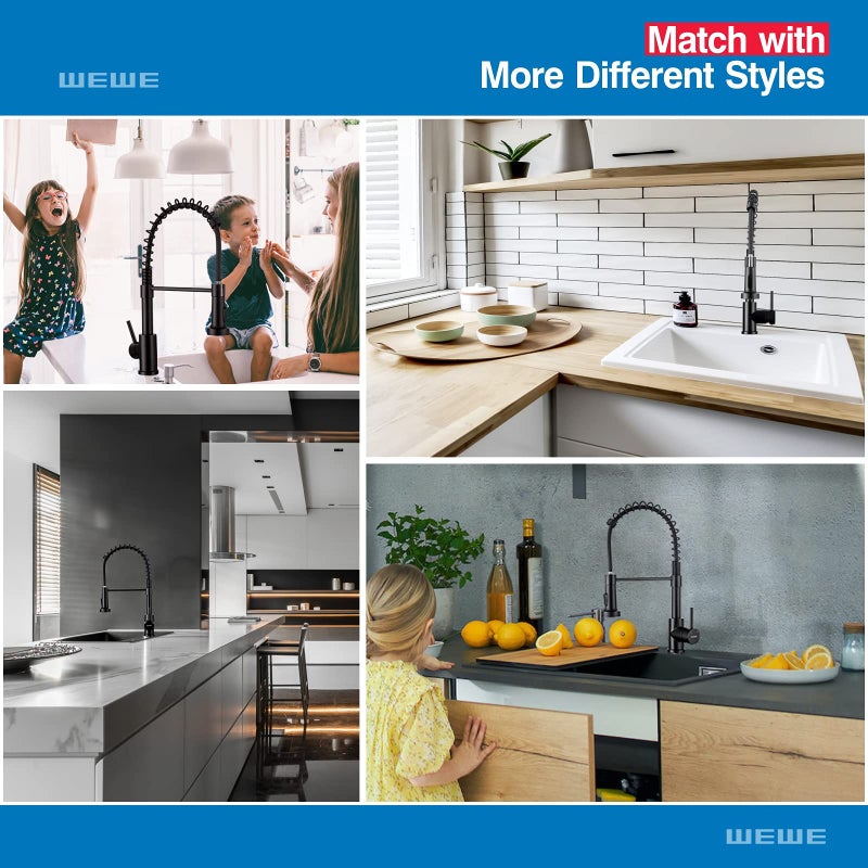 WEWE Faucet for Kitchen Sink, Kitchen Faucets Black Stainless Steel Commercial Spring Kitchen Faucet with Pull Down Sprayer, One Hole or 3 Hole Kitchen Faucet for RV Outdoor Farmhouse Camper Bar Sinks - Image 5