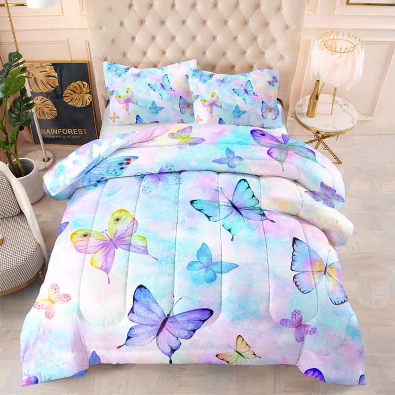 BSNTHO Butterfly Comforter Set for Girls Kids Reversible Design Blue Tie Dye Bedding Set Full Size Rainbow Watercolor Comforter 3 Pieces Super Soft Lightweight