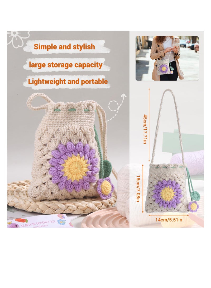 Beginners Crochet Kit, Crochet Kit for Beginners Adult, Crochet Starter Kit Include Crochet Hooks and Crochet Knitting Supplies,Crochet Kit for Beginners, Beige with Purple Flower