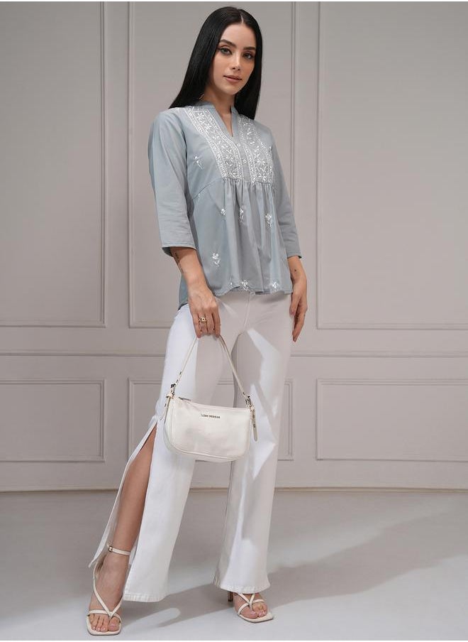 Vishudh - Women Elegant Grey Embroidered Peplum Top by Styli - Image 1