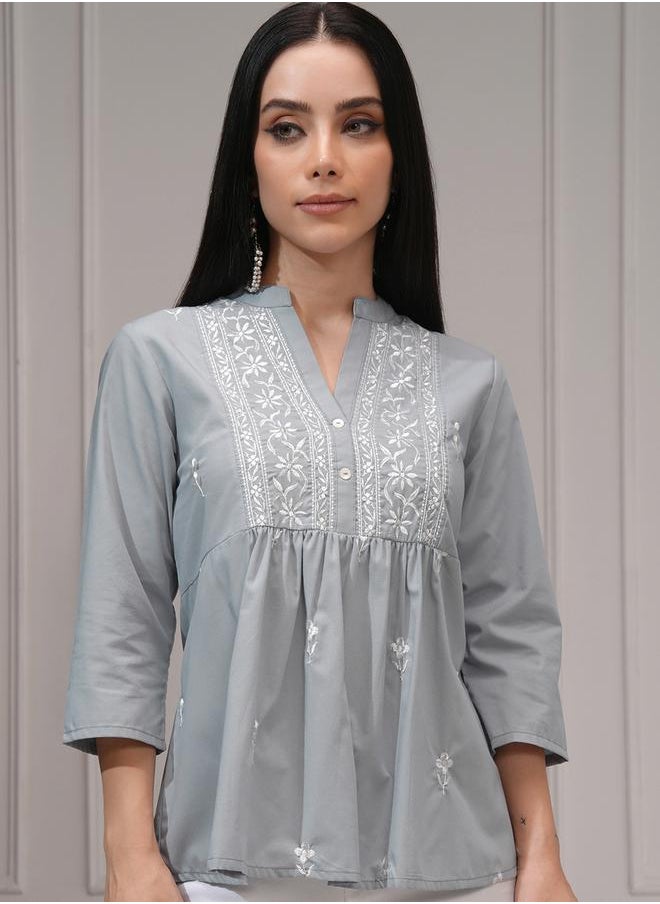 Vishudh - Women Elegant Grey Embroidered Peplum Top by Styli - Image 1
