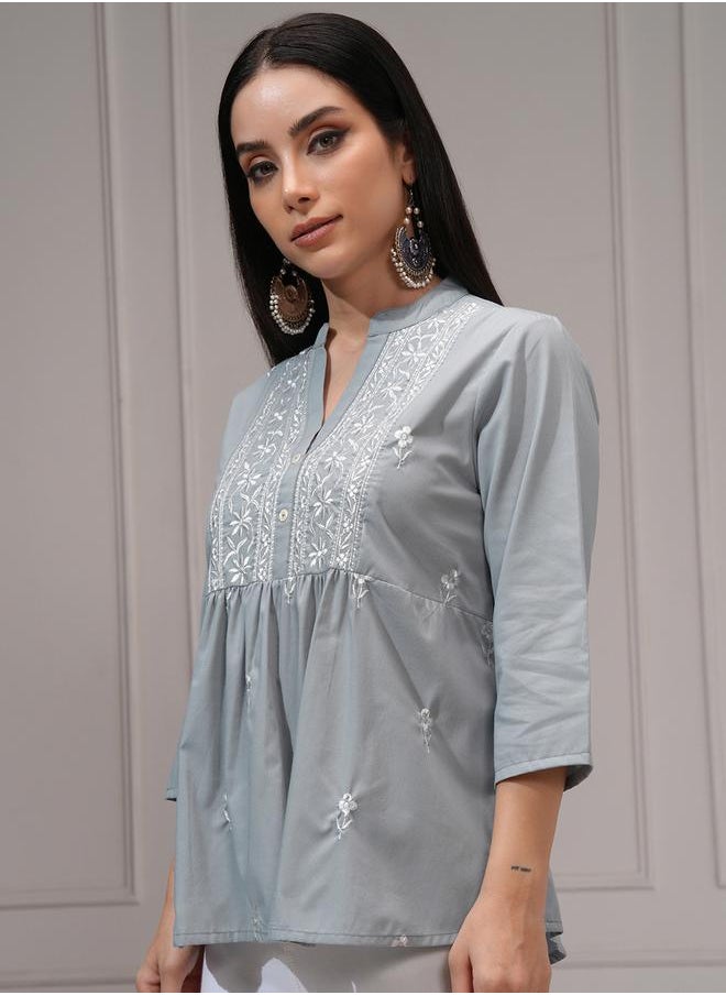 Vishudh - Women Elegant Grey Embroidered Peplum Top by Styli - Image 1