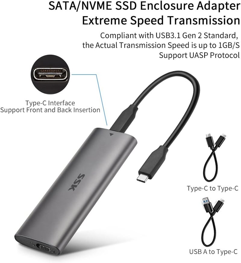 SSK قارئ حاوية SSK من الألمنيوم M.2 إلى USB NVMe SATA SSD، بدون أدوات USB 3.2 Gen 2 10Gbps NVMe PCI-E 6Gbps SATA M-Key / B+M Key محول خارجي للقرص الصلب SSD مع UASP Trim، لدعم SSDs 2242 2260 2280 - Image 3