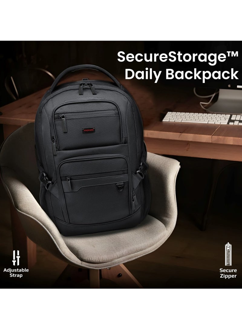 Promate SecureStorage™  Bag, a Lightweight 15.6-inch Laptop Backpack with Secure Zippers, Adjustable Straps, Water Resistance and Durable Finish for MacBook Air, iPad, Dell XPS 13, ElitePack-Lite Black - Image 2