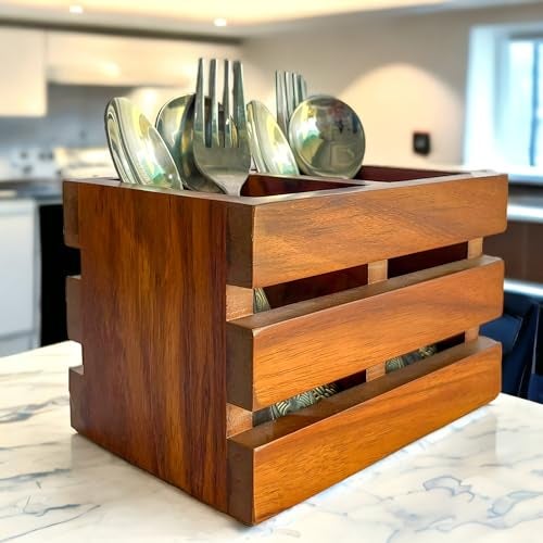 Ritwika's Wooden Spoons Cutlery Stand and Tissue Holder With Two Compartment | Multipurpose Kitchen Rack and Dining Table Spoons Holder | Size (LWH) - 10.50 x 15.50 x 10 cm, Set of 1 (Brown) - Image 1
