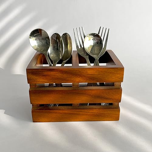 Ritwika's Wooden Spoons Cutlery Stand and Tissue Holder With Two Compartment | Multipurpose Kitchen Rack and Dining Table Spoons Holder | Size (LWH) - 10.50 x 15.50 x 10 cm, Set of 1 (Brown) - Image 5