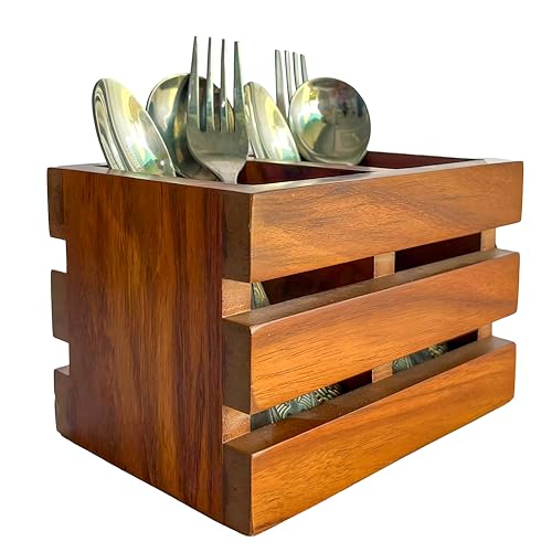 Ritwika's Wooden Spoons Cutlery Stand and Tissue Holder With Two Compartment | Multipurpose Kitchen Rack and Dining Table Spoons Holder | Size (LWH) - 10.50 x 15.50 x 10 cm, Set of 1 (Brown) - Image 2