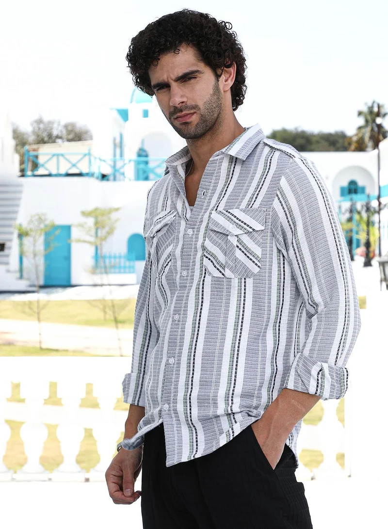 Campus Sutra Men's Coin Grey Nomad-Striped Utility Shirt