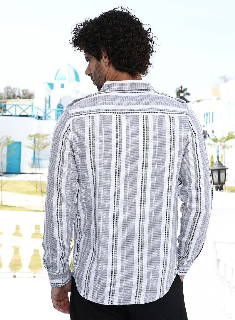 Campus Sutra Men's Coin Grey Nomad-Striped Utility Shirt