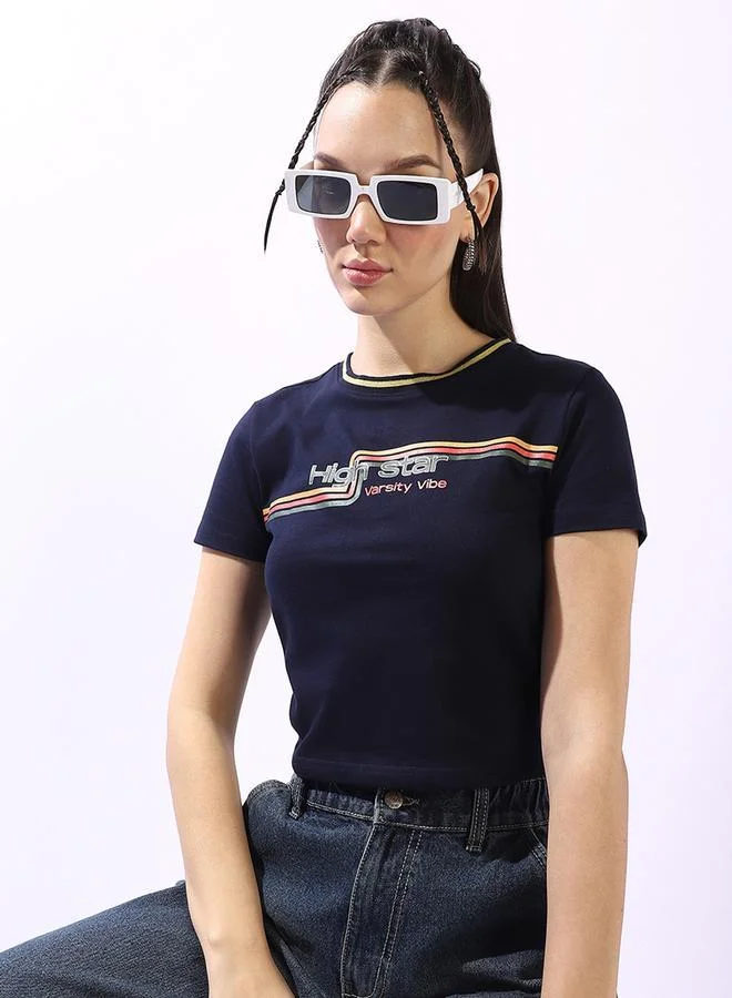 HIGH STAR Women's Navy 100% Cotton Printed Slim Fit T-Shirt