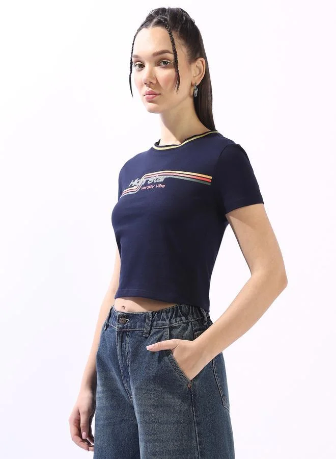 HIGH STAR Women's Navy 100% Cotton Printed Slim Fit T-Shirt