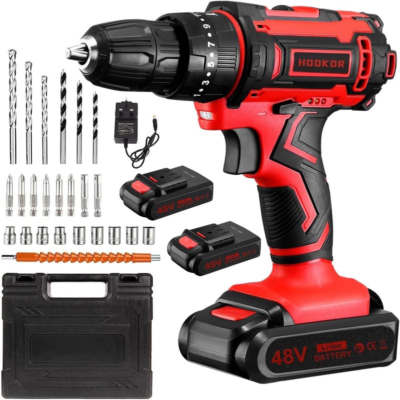 هوكور مثقاب لاسلكي 48 فولت، سرعتان متغيرتان، ضوء ليد، طقم مثقاب كهربائي مع بطاريتين ليثيوم أيون وشاحن، مثقاب كهربائي بسرعات متغيرة للاستخدام المنزلي والإصلاح، طقم ملحقات المثقاب/السائق - Image 1