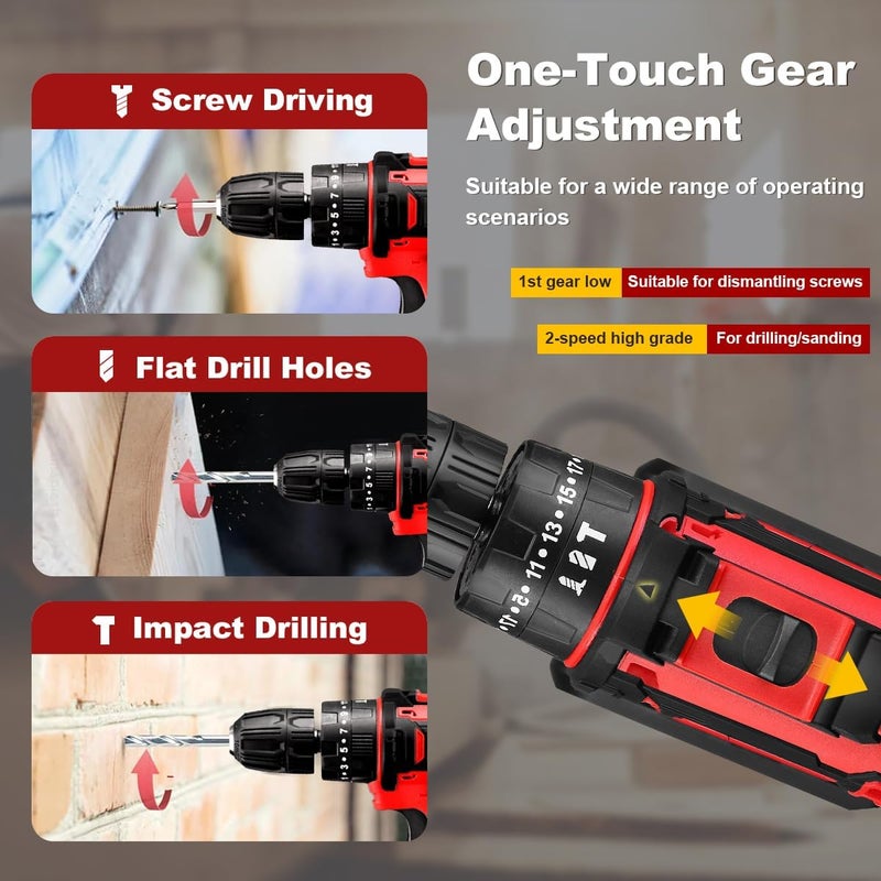 هوكور مثقاب لاسلكي 48 فولت، سرعتان متغيرتان، ضوء ليد، طقم مثقاب كهربائي مع بطاريتين ليثيوم أيون وشاحن، مثقاب كهربائي بسرعات متغيرة للاستخدام المنزلي والإصلاح، طقم ملحقات المثقاب/السائق - Image 3