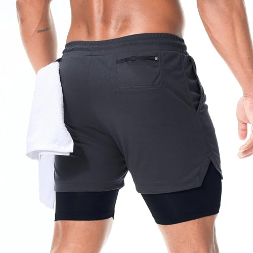 Surenow Mens Running Shorts，Workout Running Shorts for Men，2-in-1 Stealth Shorts， 7-Inch Gym Yoga Outdoor Sports Shorts Grey - Image 2