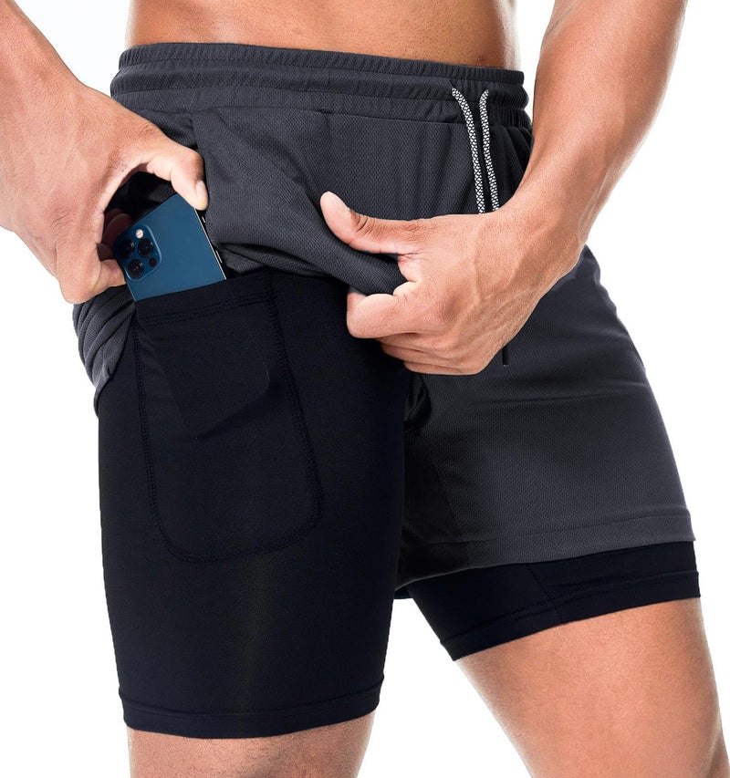 Surenow Mens Running Shorts，Workout Running Shorts for Men，2-in-1 Stealth Shorts， 7-Inch Gym Yoga Outdoor Sports Shorts Grey - Image 1