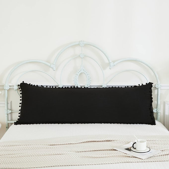 BLACK BODY PILLOW COVER 20X54 BOHO CHIC POM POMS FRINGE DECOR BLACK BODY PILLOW CASE COVER WITH POCKET CLOSURE