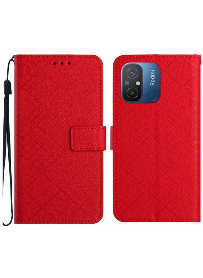 HuHa Case Cover For Xiaomi Redmi 11A / Poco C55 Rhombic Grid Texture Leather Phone Case Red 