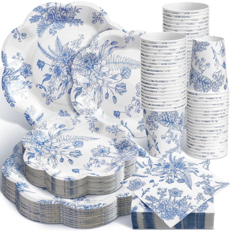 Newtay 250 Pcs Blue Floral Disposable Plates and Napkins Blue and White Floral Paper Tableware Set for 50 Guests Paper Plates Napkins Cups for Wedding Bridal Shower Party Supplies - Image 1