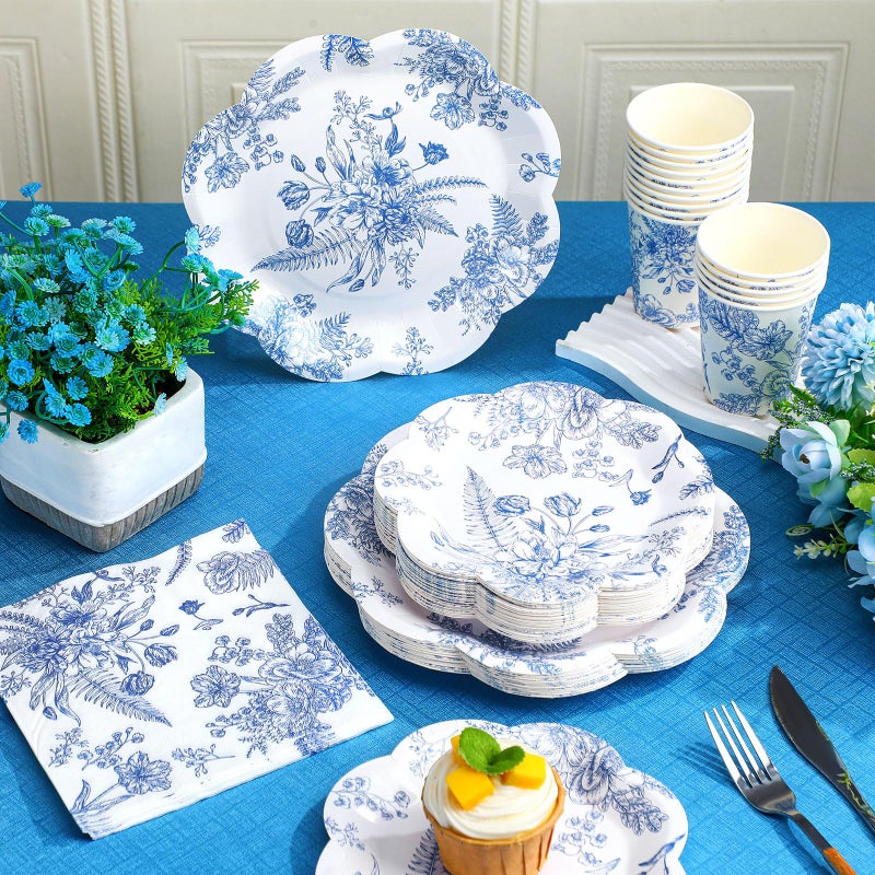 Newtay 250 Pcs Blue Floral Disposable Plates and Napkins Blue and White Floral Paper Tableware Set for 50 Guests Paper Plates Napkins Cups for Wedding Bridal Shower Party Supplies - Image 4
