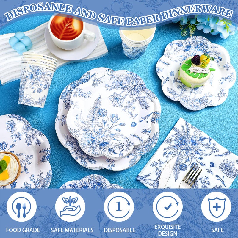 Newtay 250 Pcs Blue Floral Disposable Plates and Napkins Blue and White Floral Paper Tableware Set for 50 Guests Paper Plates Napkins Cups for Wedding Bridal Shower Party Supplies - Image 3