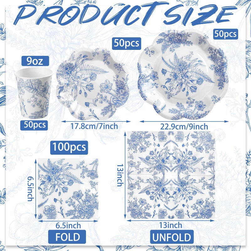 Newtay 250 Pcs Blue Floral Disposable Plates and Napkins Blue and White Floral Paper Tableware Set for 50 Guests Paper Plates Napkins Cups for Wedding Bridal Shower Party Supplies - Image 2