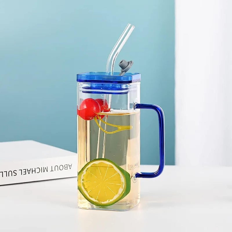 RAVIZAA Glass Tumbler with Lid Straw 400ml Glass Cup Colored Handle Pack of 1 Iced Tea Coffee Mugs for Straw and Direct Drinking Mouth Dual Use BM1 - Image 1
