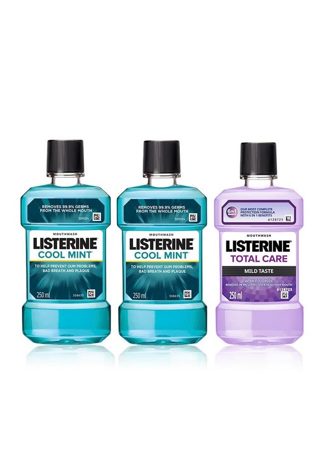 Listerine Cool Mint Mouthwash - 250Ml (Pack Of 2) With Total Care Mild Taste 250Ml (Free)  - Image 1