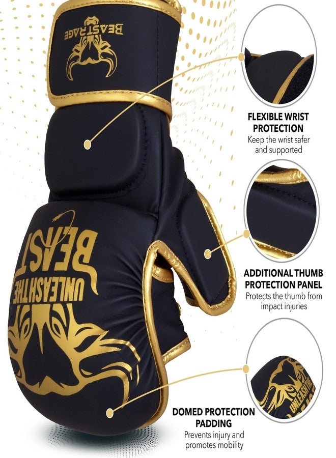 BEAST RAGE MMA Gloves for Men Women,Adjustable Wrist Support Open Palm Martial Arts Mitts Grappling Sparring for Muay Thai Cage Fighting Combat Taekwondo Kickboxing Boxing Training (Golden, S/M) - Image 2