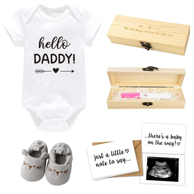 Blinking Stars Pregnancy Announcement for Dad Hello Daddy Baby Onesie Baby Shoes Pregnancy Test Keepsake Box Pregnancy Reveal Card Surprise Baby Announcement Gifts Set for Husband Partner
