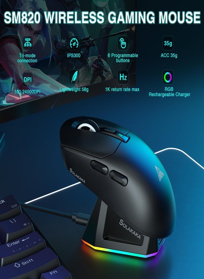 SOLAKAKA SM820 Wireless Gaming Mouse with RGB Charging Dock,24000 DPI Tri-Modes Wireless Mouse with 2 Side Buttons,Programmable Macro Mouse for Gaming(Black) - Image 2