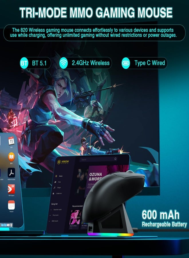SOLAKAKA SM820 Wireless Gaming Mouse with RGB Charging Dock,24000 DPI Tri-Modes Wireless Mouse with 2 Side Buttons,Programmable Macro Mouse for Gaming(Black) - Image 4