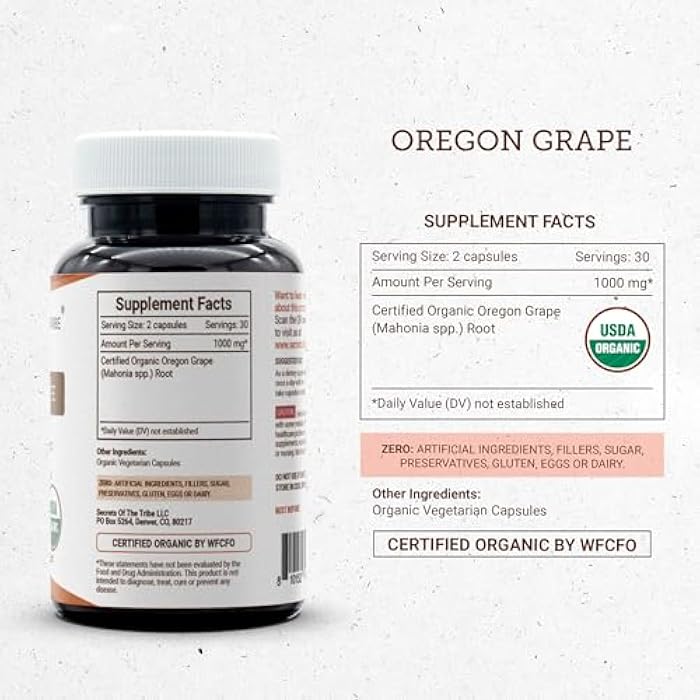 Secrets of the Tribe Oregon Grape USDA Organic Capsules | Certified Organic Vegetarian Capsules, Herbal Dietary Supplement | Mahonia aquifolium Dried Root (60 Count) - Image 4
