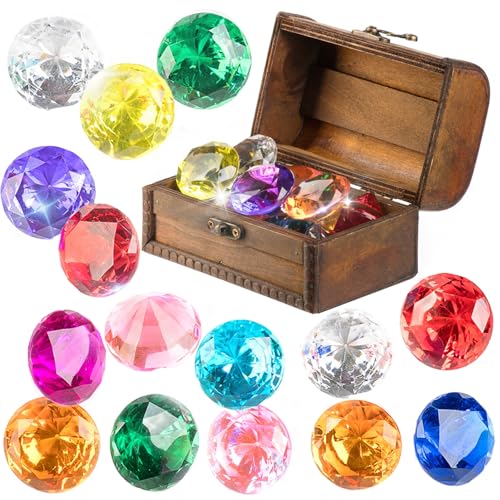PUBGAMER Diving Gem Pool Toy 15 Big Colorful Diamond Set with Big Treasure Chest Pirate Box Underwater Gem Diving Dive Throw Toy Set Swimming Training Gift Toy - Image 1