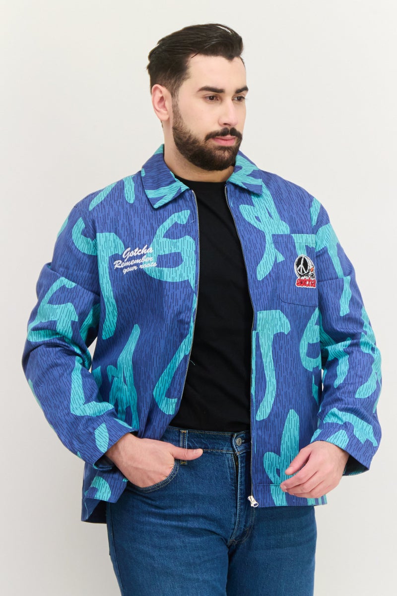 Gotcha Men Embroidered Jacket Shirt, Blue Combo - Image 1