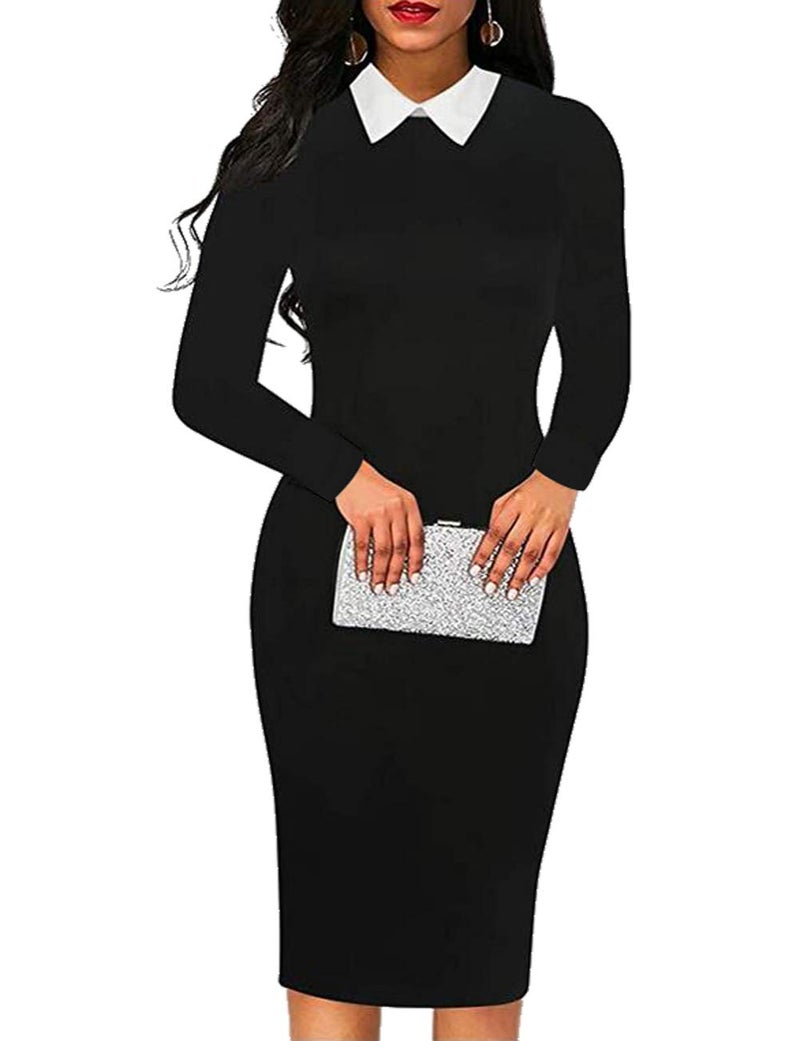 Aphratti Women's Long Sleeve Peter Pan Collar Wear to Work Business Office Wear Outfits Classy Midi Sheath Dress Black01 XX-Large - Image 1