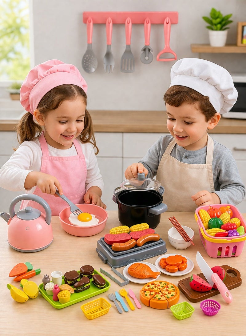 KUKOKI TOYS 119-Piece Kids Play Toys set Kitchen Accessories Set Miniature Pretend Play Toy Set for Kids – Cooking Role Play Food & Cookware Set with Pots, Pan, BBQ Grill, Fruits, Vegetables & Kitchen Utensils - Image 1